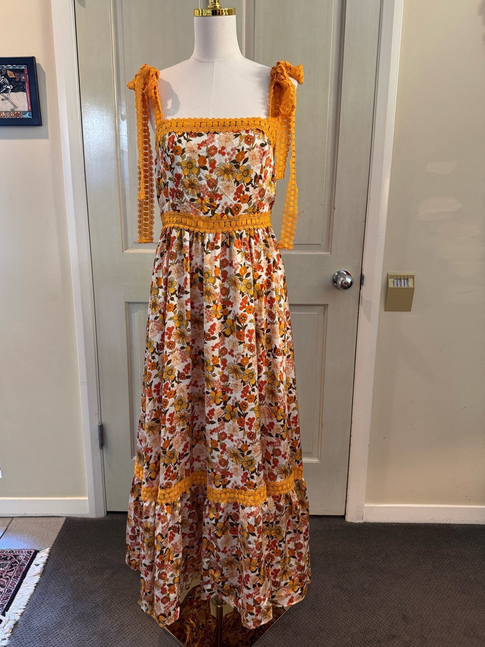 So Me Floral Sundress NWT with Mustard Crochet Trim